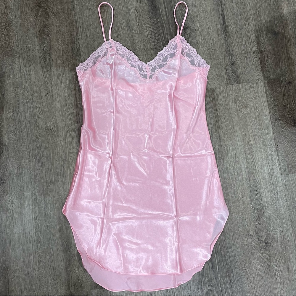 La Mouette Pink Satin Lace Trim Slip Chemise